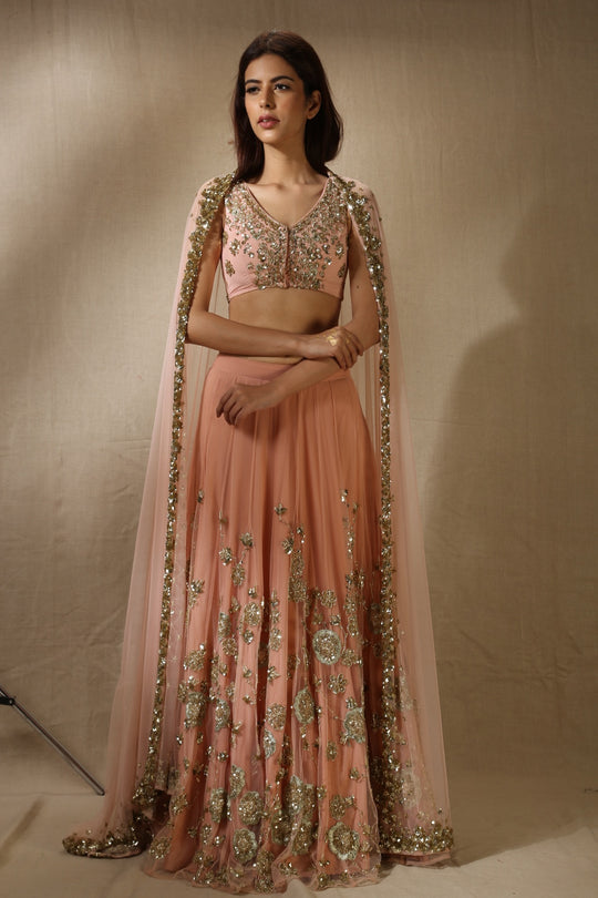 Blush Pink With Gold Flower Work Lehenga Set