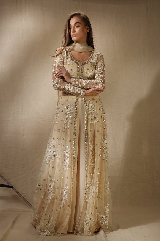 Off White With Gold Sequence Work Front Open Jacket Set