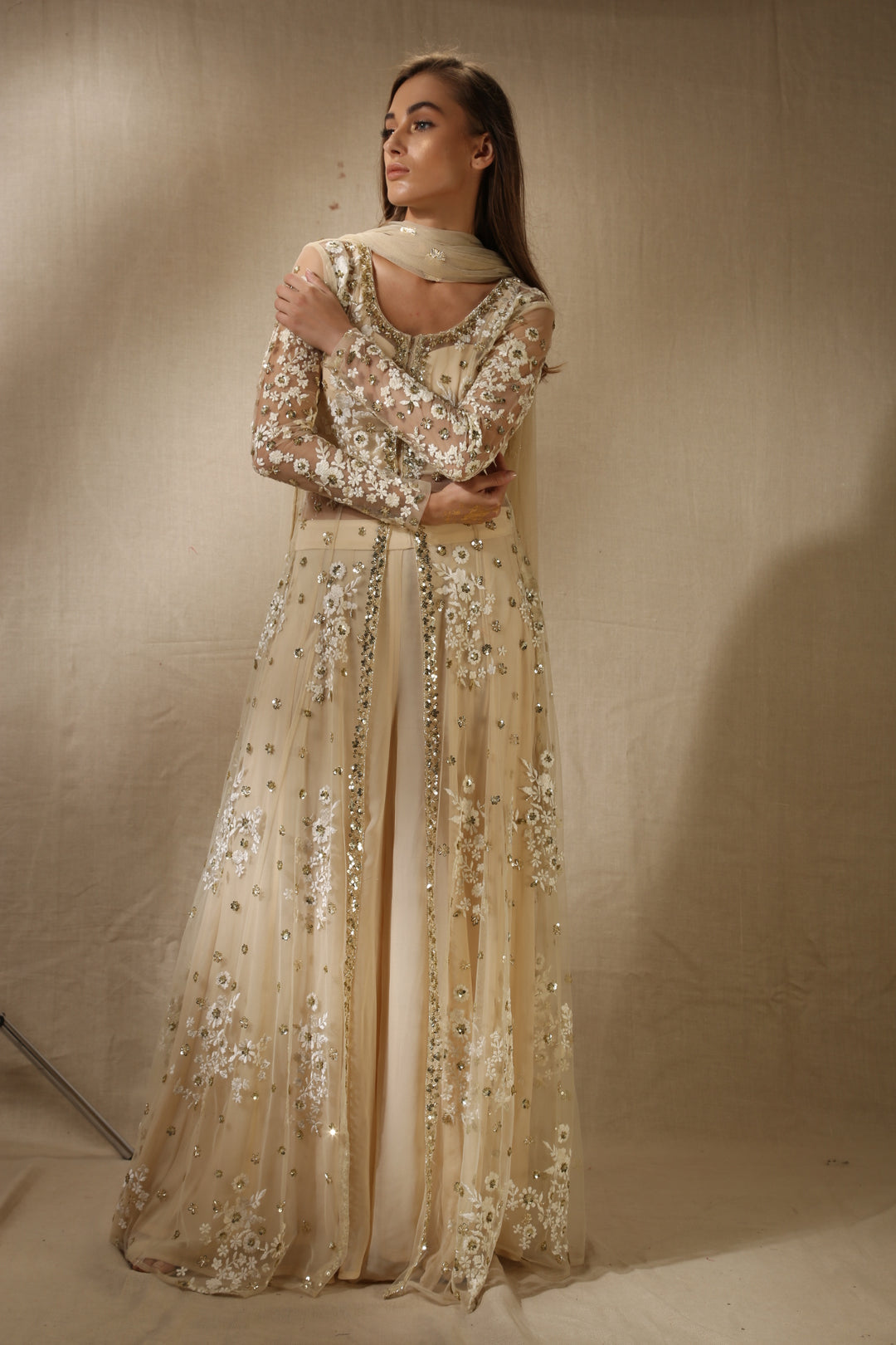 Off White With Gold Sequence Work Front Open Jacket Set