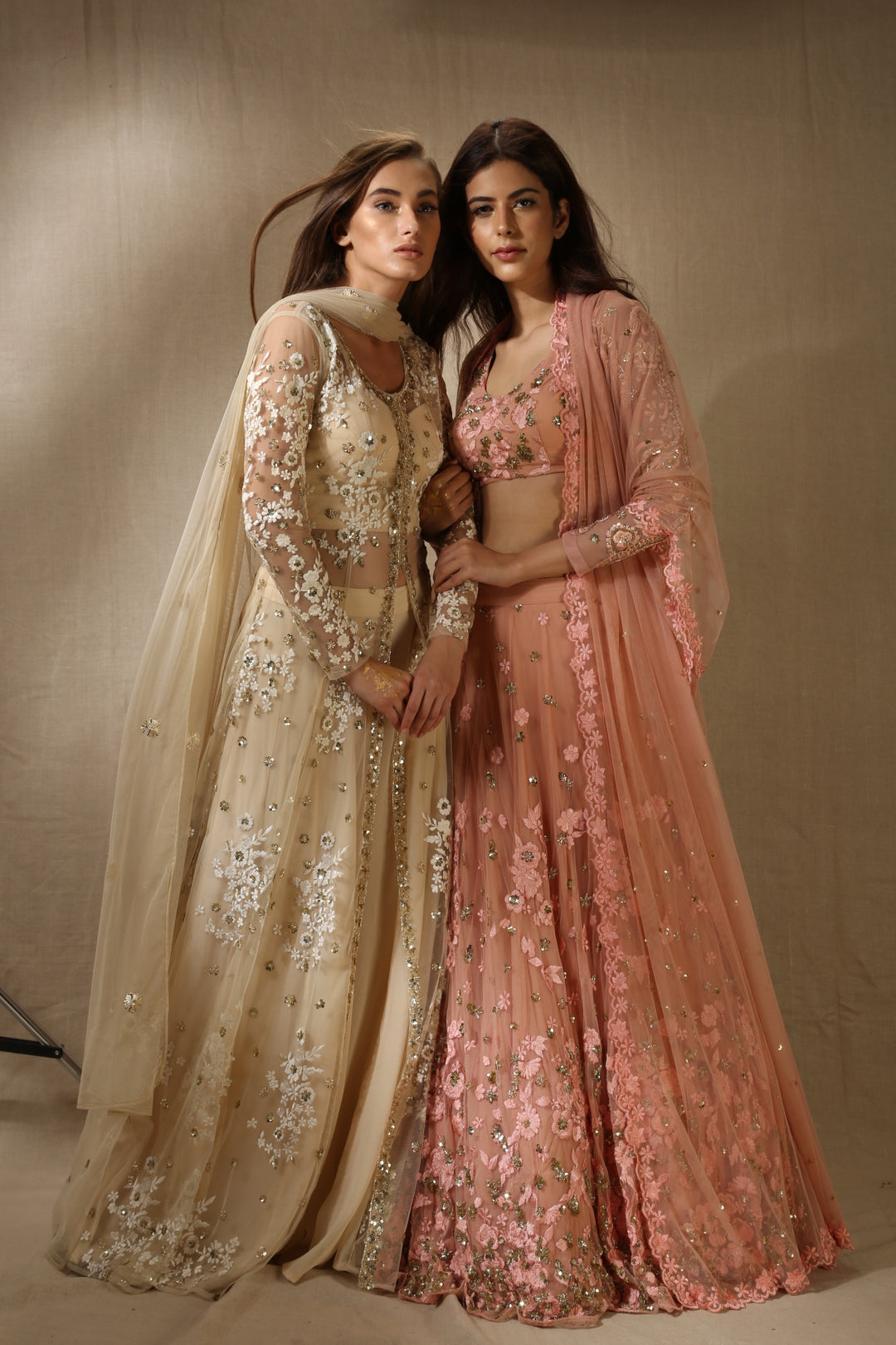 Peach Pink With Gold Flower Thread Work Lehenga Set