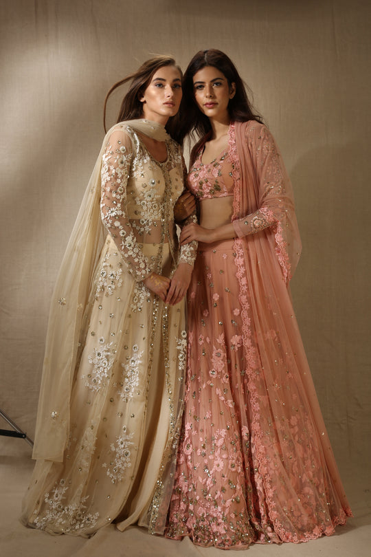 Peach Pink With Gold Flower Thread Work Lehenga Set
