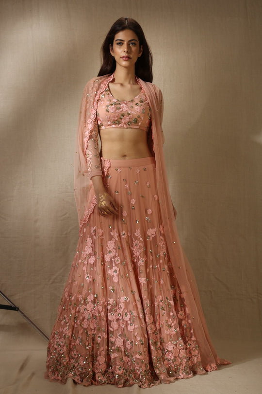 Peach Pink With Gold Flower Thread Work Lehenga Set