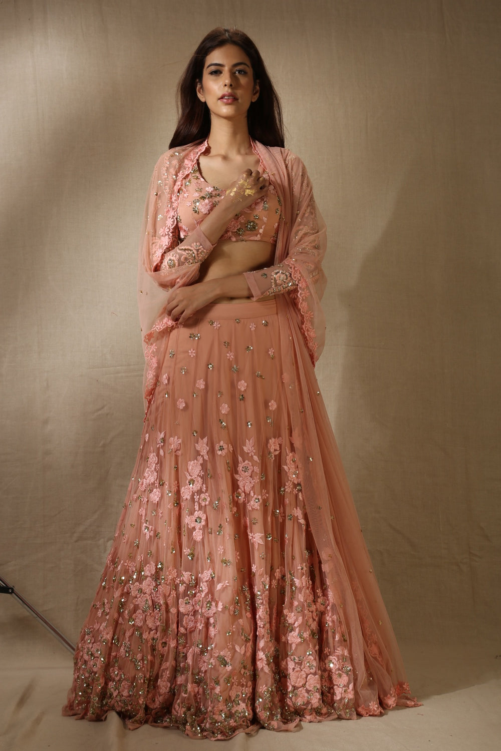 Peach Pink With Gold Flower Thread Work Lehenga Set
