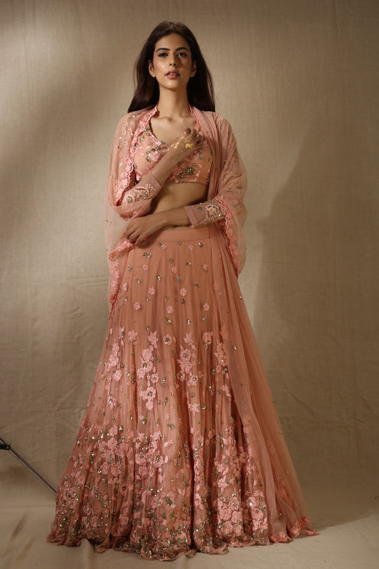 Peach Pink With Gold Flower Thread Work Lehenga Set