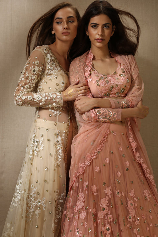 Peach Pink With Gold Flower Thread Work Lehenga Set