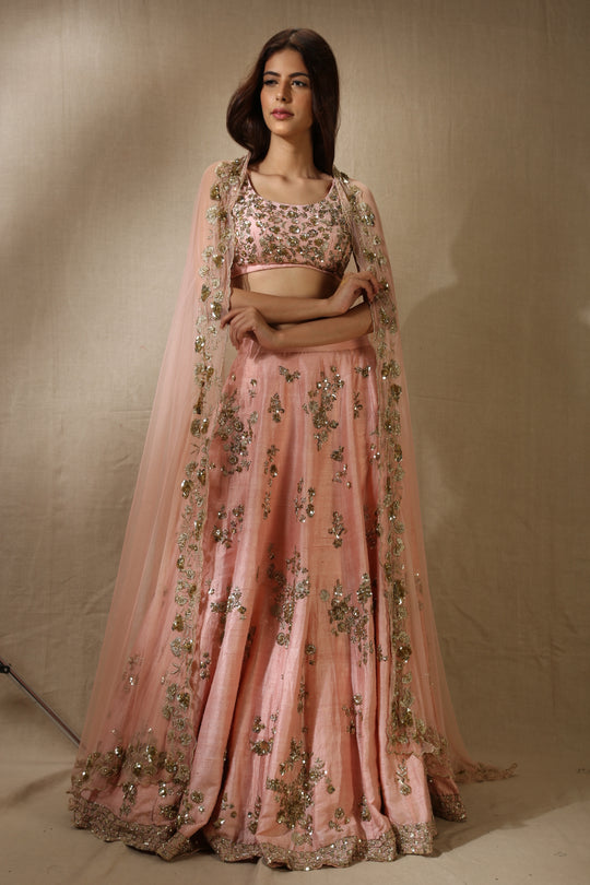 Pink Rawsilk With Gold Sequence Heavy Bootie Work Lehenga Set