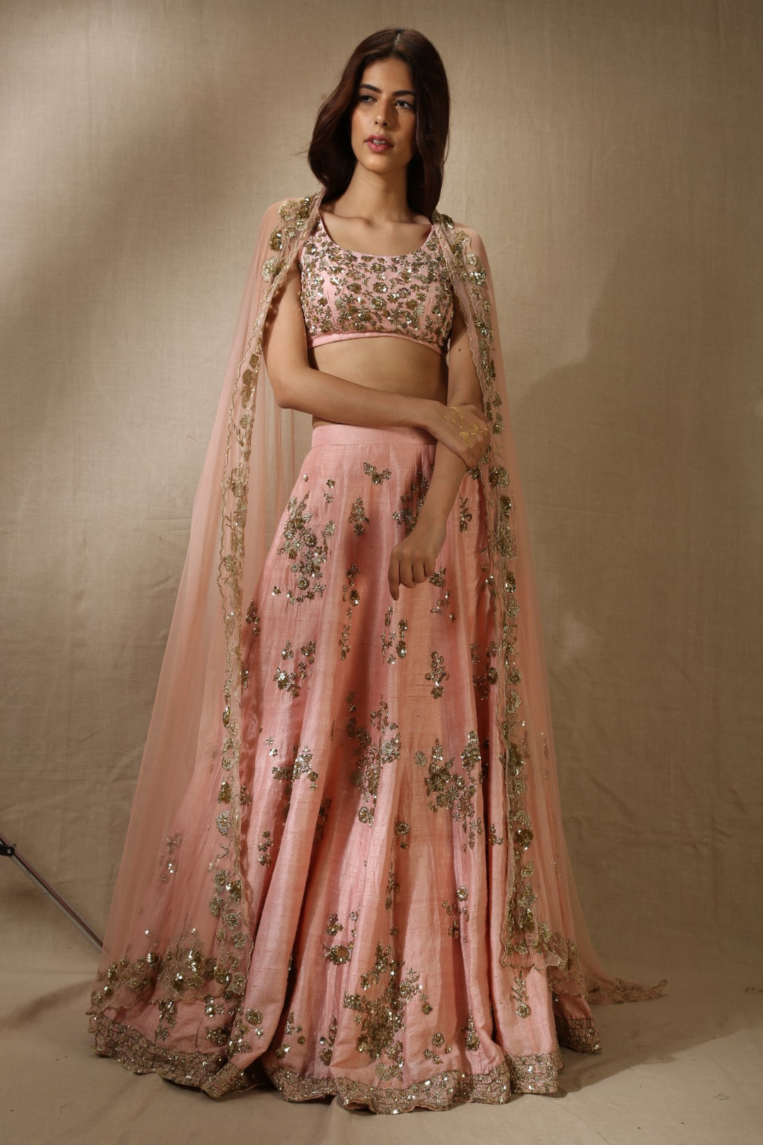 Pink Rawsilk With Gold Sequence Heavy Bootie Work Lehenga Set