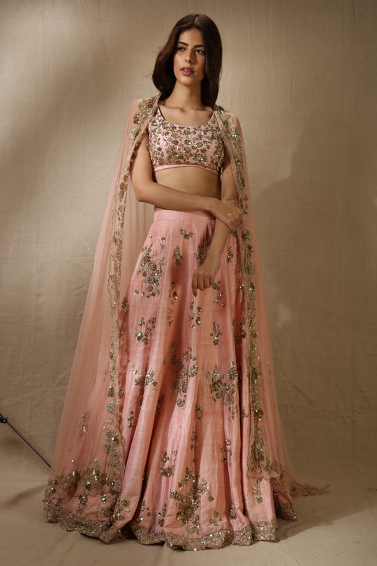 Pink Rawsilk With Gold Sequence Heavy Bootie Work Lehenga Set