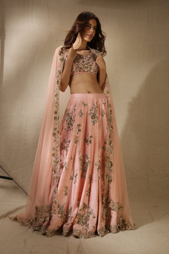 Pink Rawsilk With Gold Sequence Heavy Bootie Work Lehenga Set