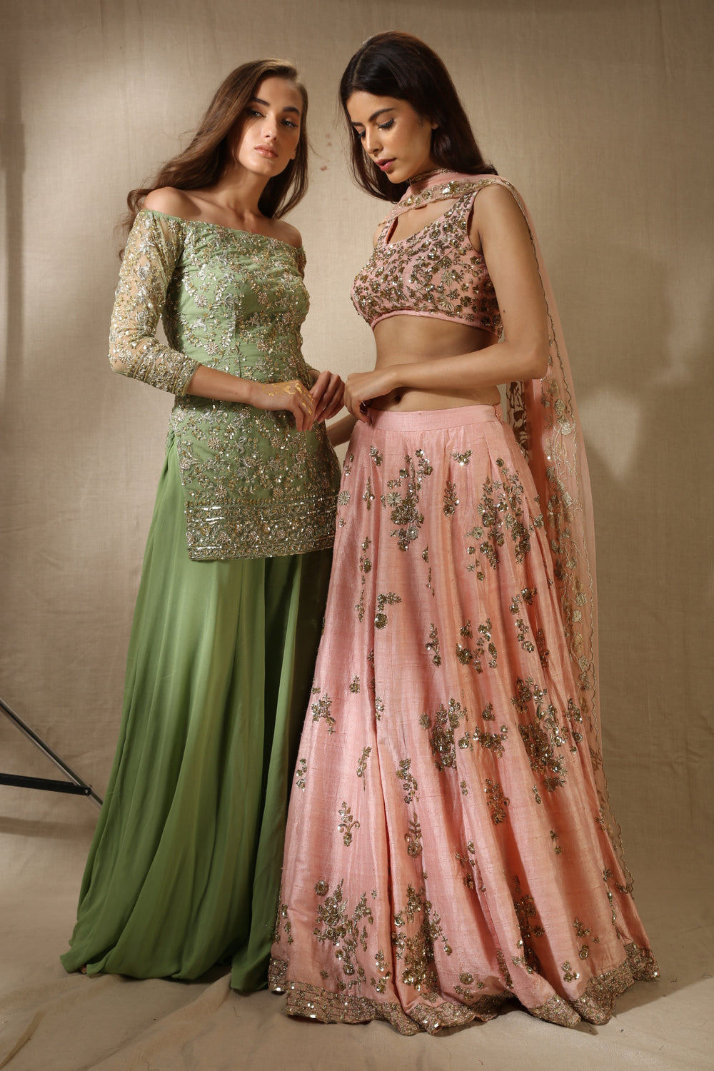 Mint Green Off Shoulder kurti And Sharara Set