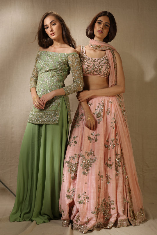Mint Green Off Shoulder kurti And Sharara Set