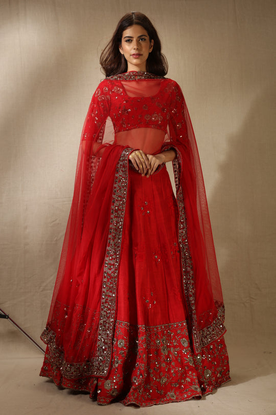Red Rawsilk Thread With Zari Work Lehenga Set