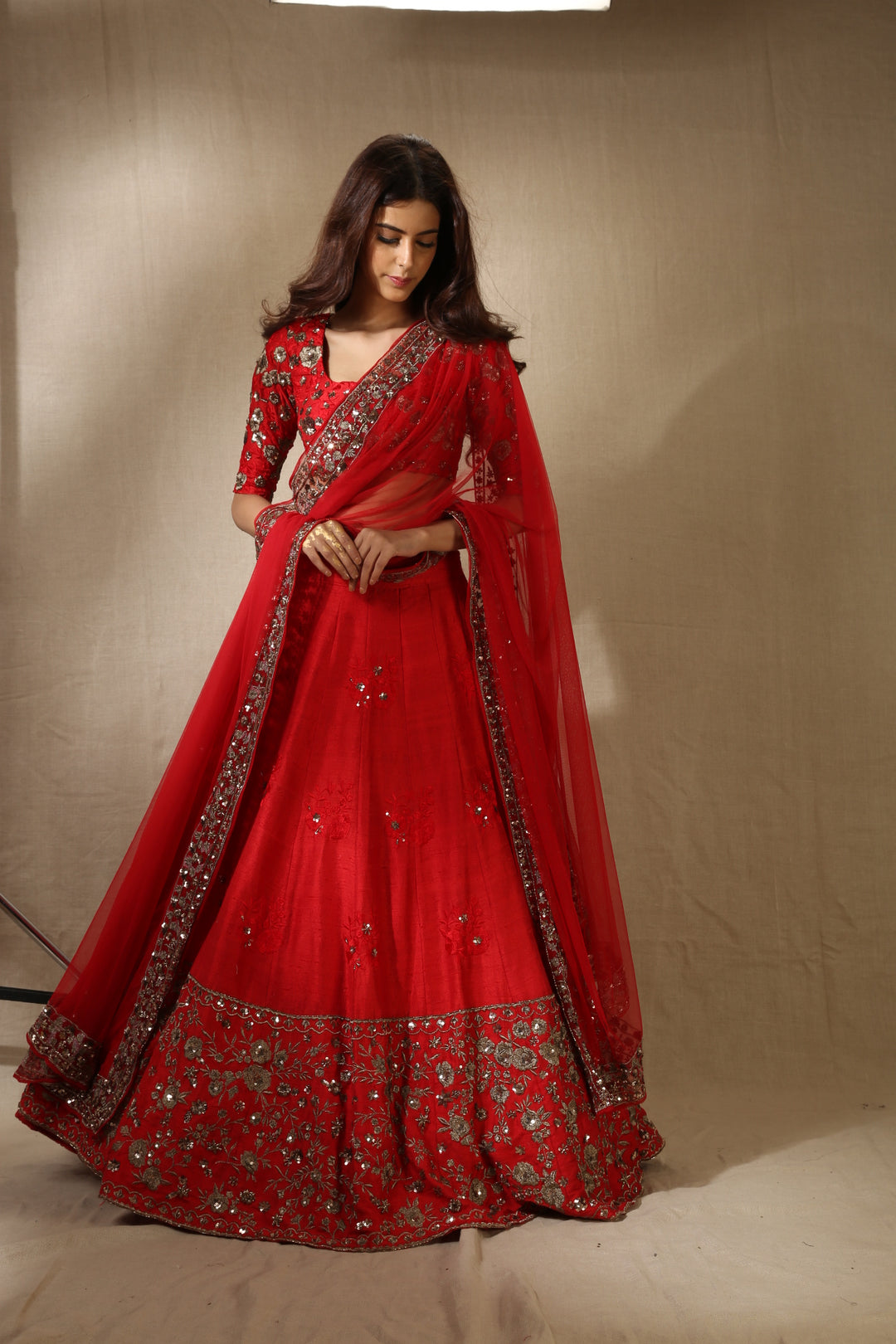 Red Rawsilk Thread With Zari Work Lehenga Set