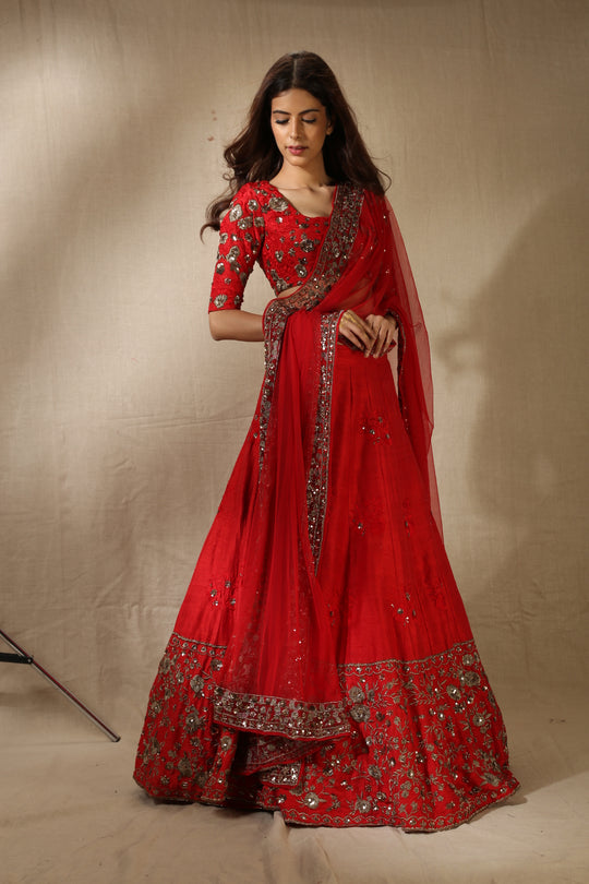 Red Rawsilk Thread With Zari Work Lehenga Set