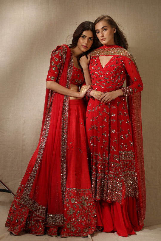Red Georjette Heavy Bootie Work Angrakha Set