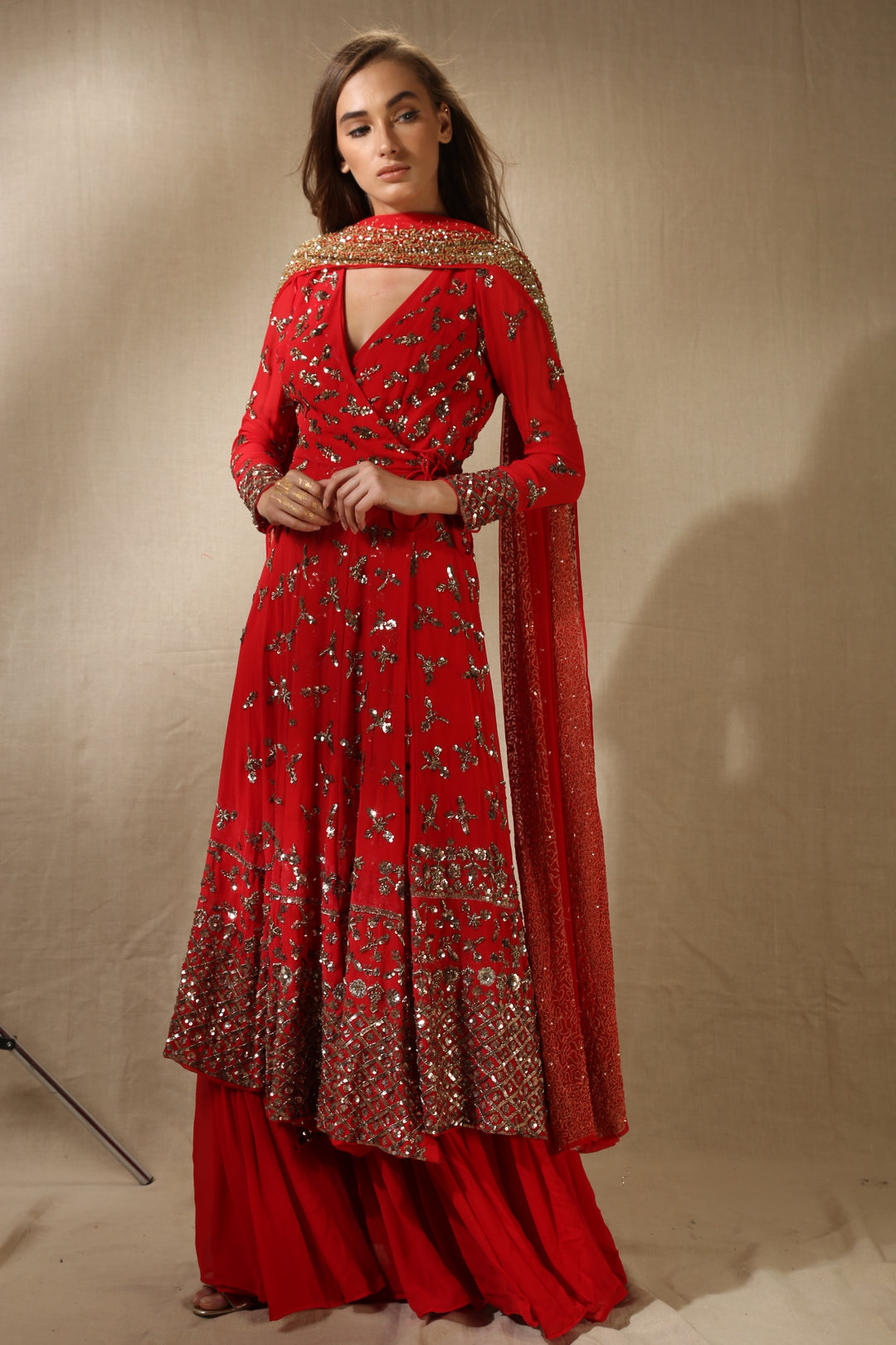Red Georjette Heavy Bootie Work Angrakha Set