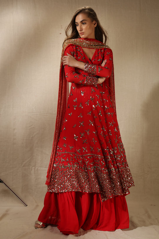 Red Georjette Heavy Bootie Work Angrakha Set