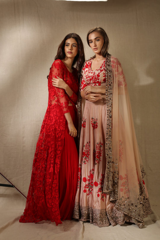 Peach And Red Thread Work Lehenga Set