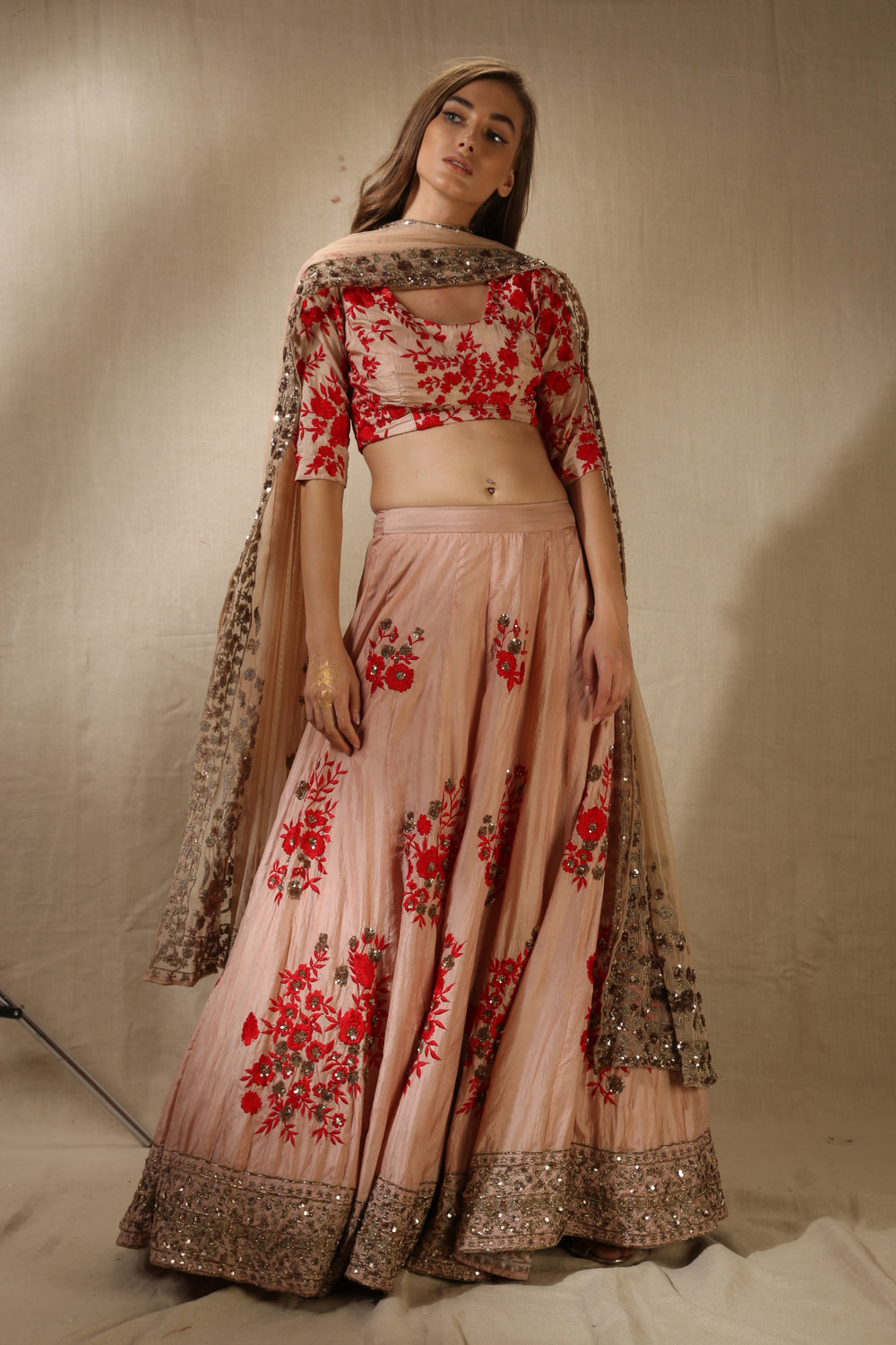 Peach And Red Thread Work Lehenga Set