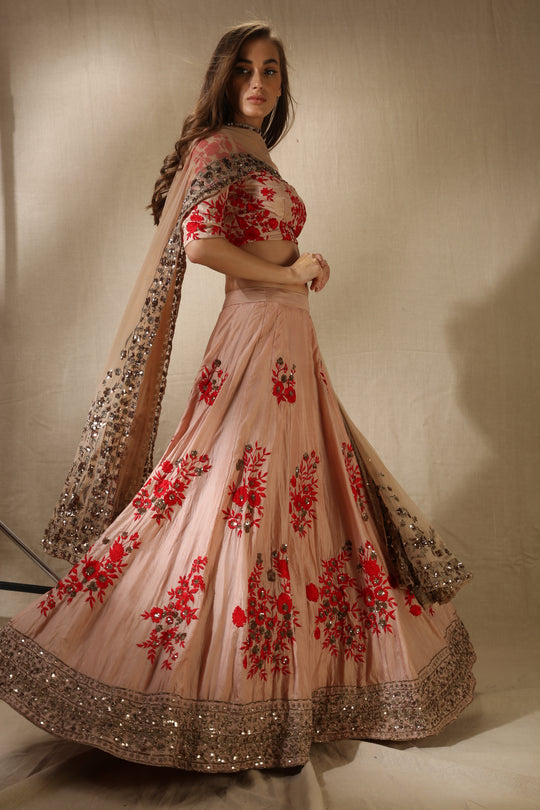 Peach And Red Thread Work Lehenga Set