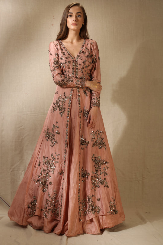 Peach Silk Bootie Work Front Open Jacket Set