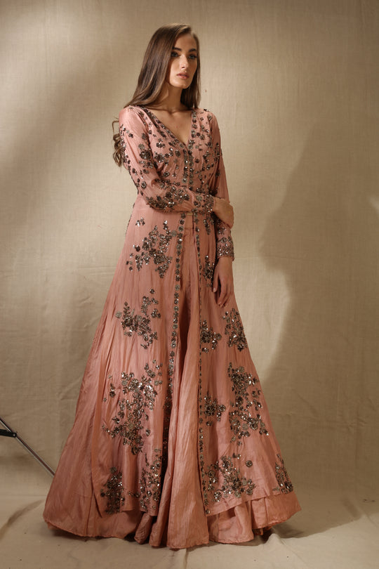 Peach Silk Bootie Work Front Open Jacket Set