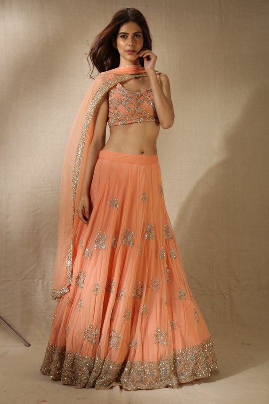 Coral With Gold Bootie Lehenga Set