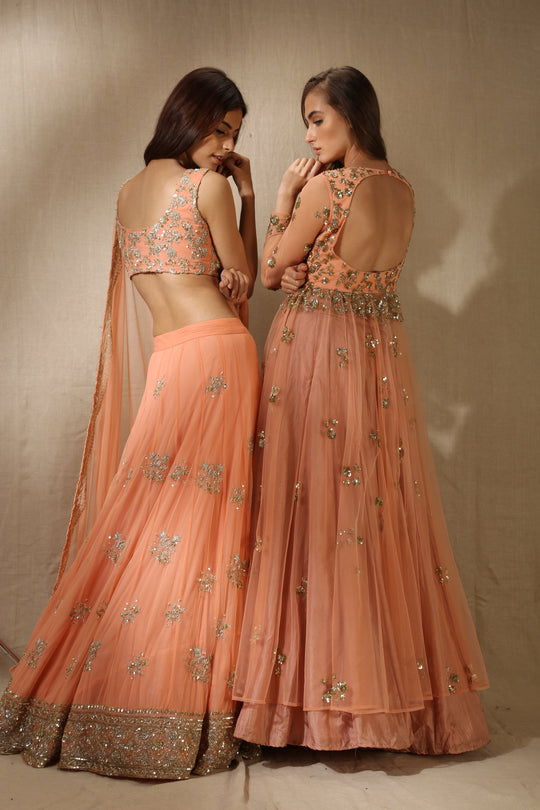 Coral With Gold Sequence Bootie Front Open Jacket Set