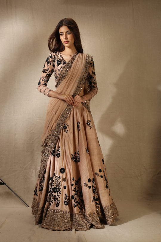 Peach And Black Rawsilk Thread Work Lehenga Set