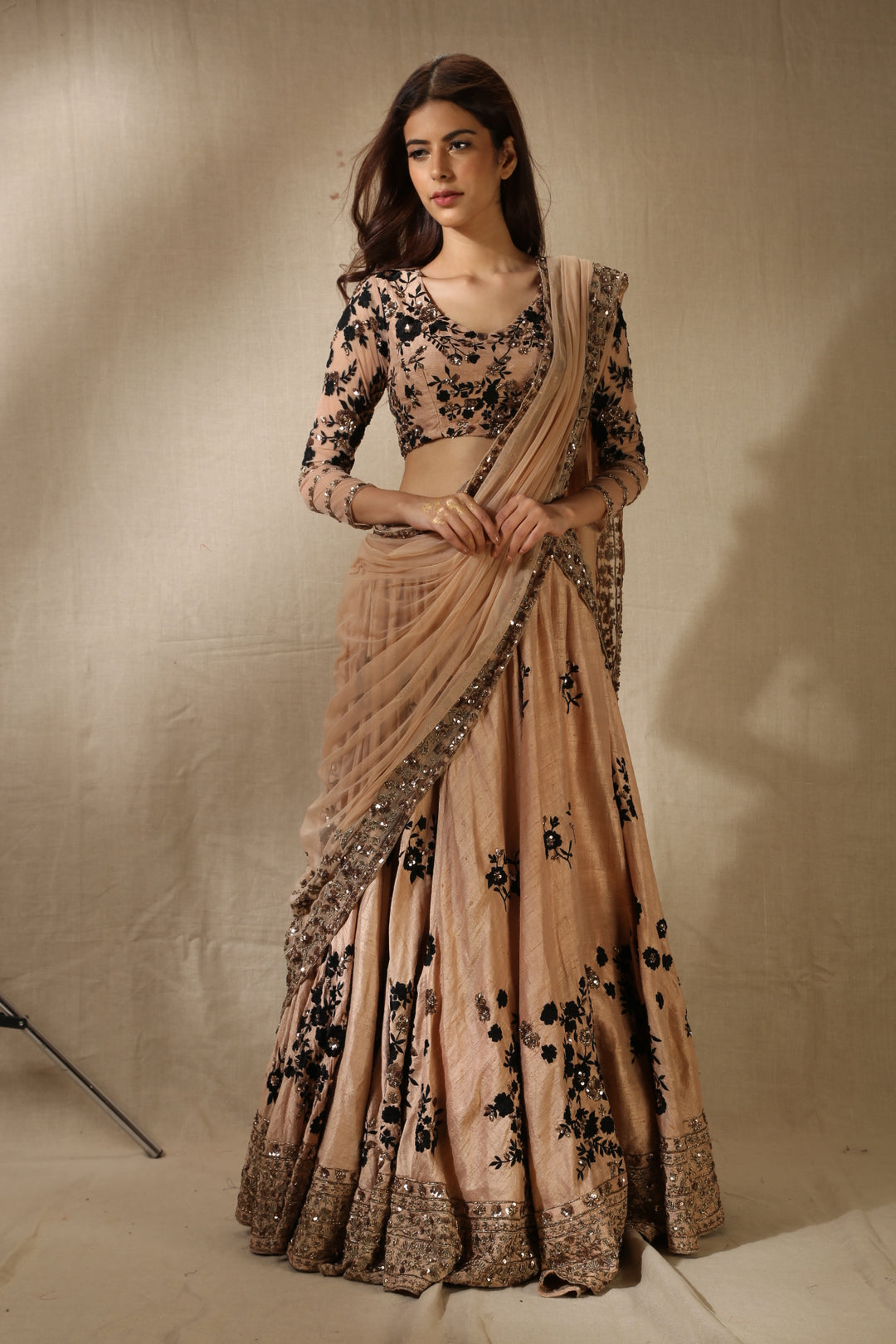 Peach And Black Rawsilk Thread Work Lehenga Set