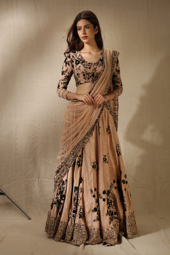 Peach And Black Rawsilk Thread Work Lehenga Set