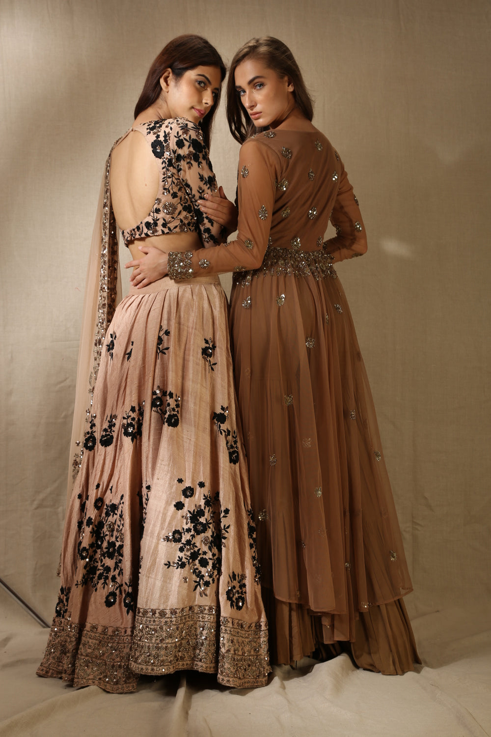 Peach And Black Rawsilk Thread Work Lehenga Set