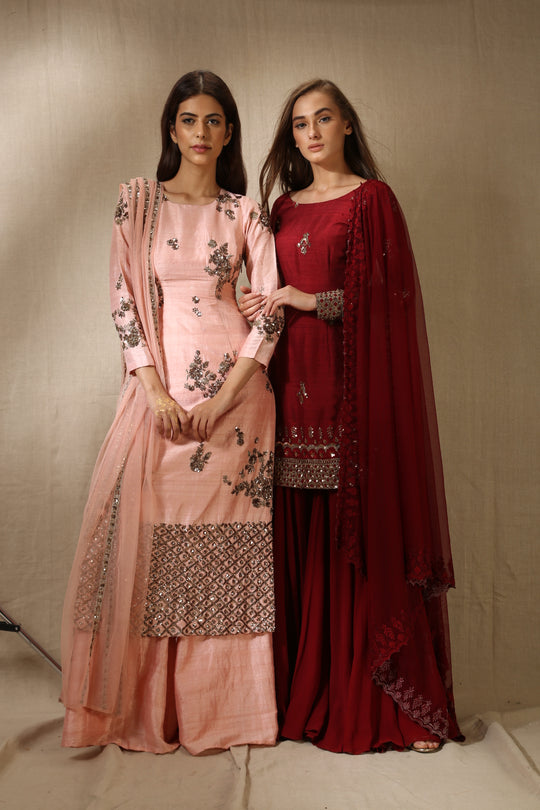 Pink Rawsilk Check Border Long Kurti And Pants