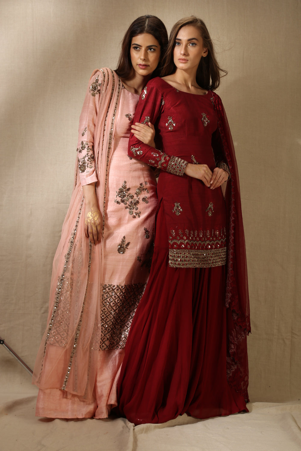Pink Rawsilk Check Border Long Kurti And Pants