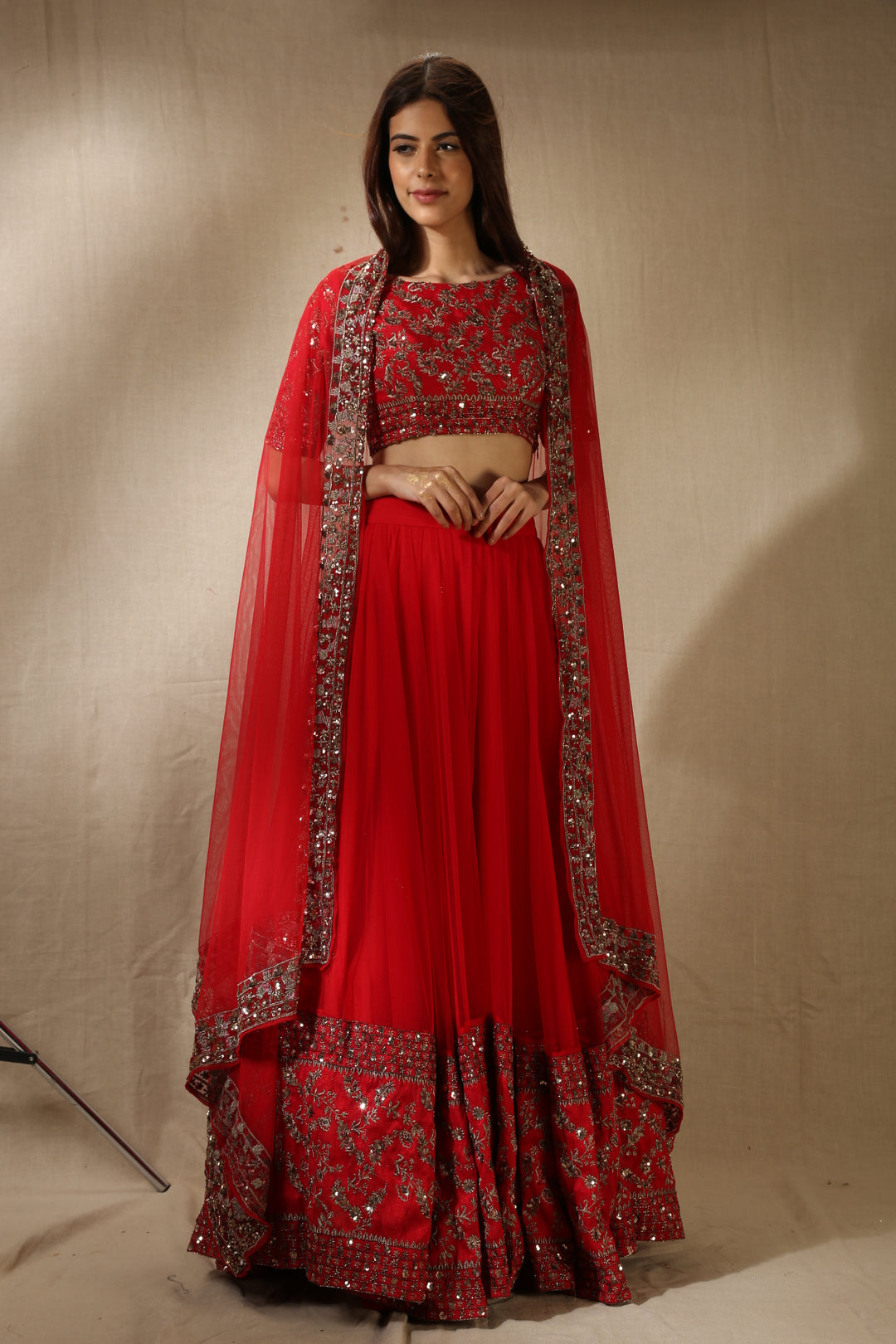 Red Net Antique Border Work Lehenga Set