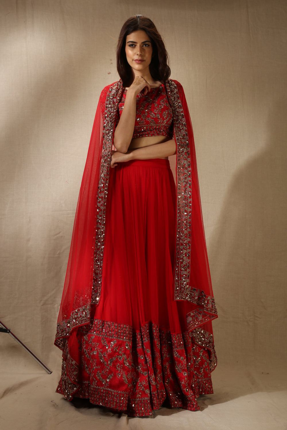 Red Net Antique Border Work Lehenga Set