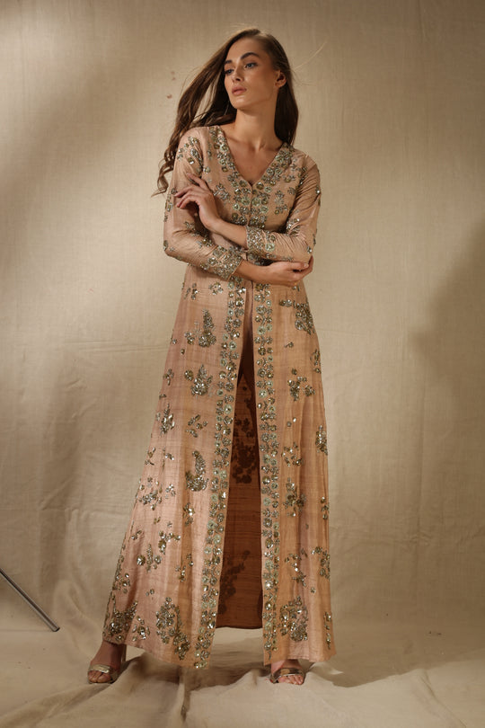 Rose Gold Rawsilk Front Open Jacket Set