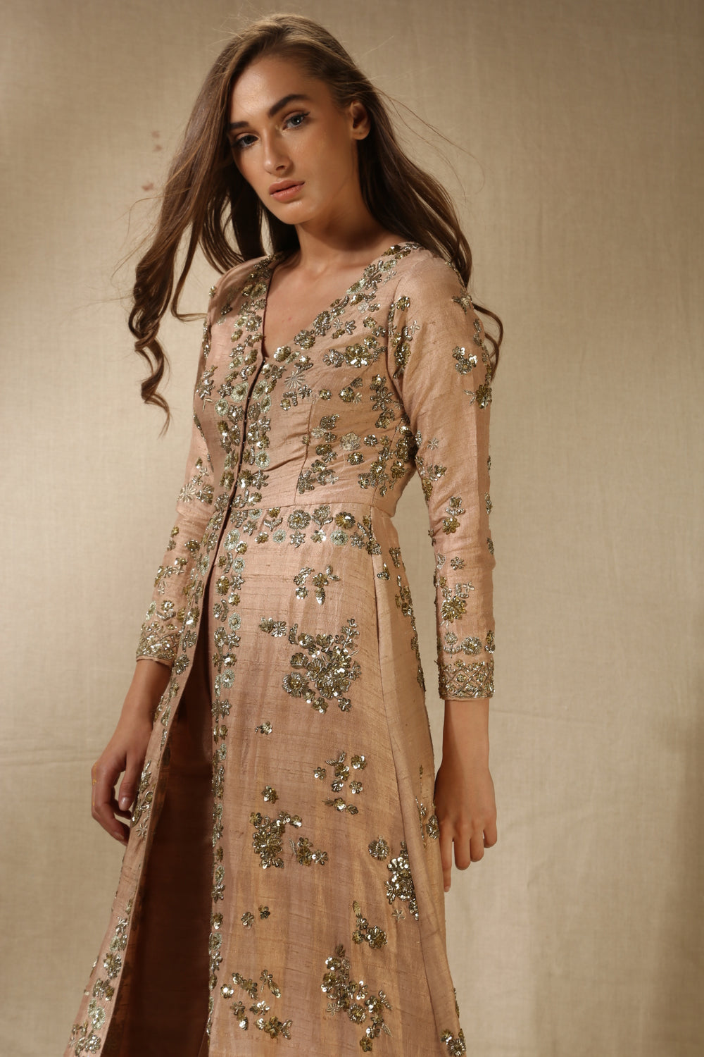 Rose Gold Rawsilk Front Open Jacket Set