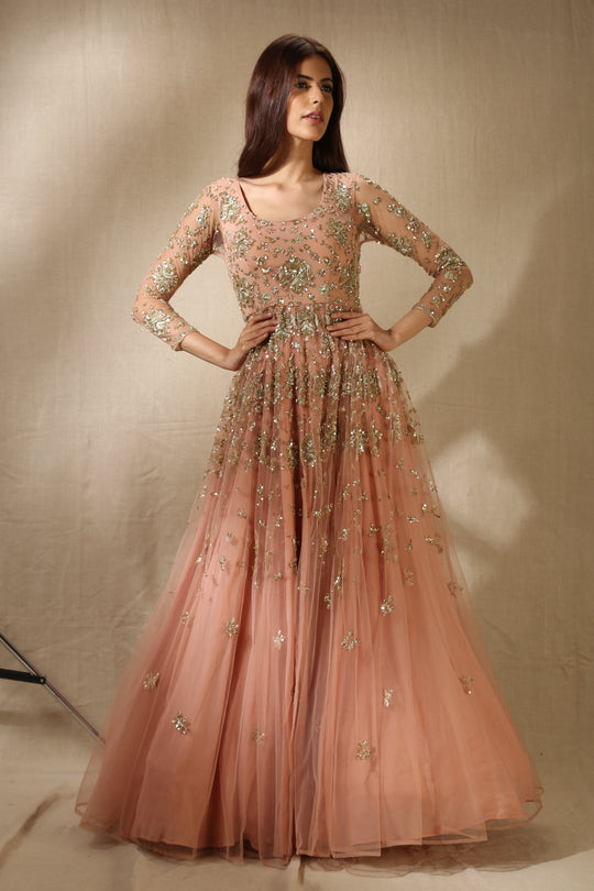 Peach Pink Organza Anarkali Set