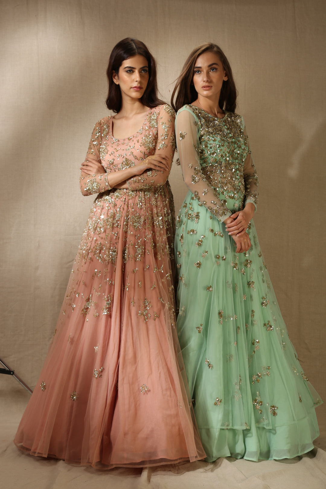 Peach Pink Organza Anarkali Set