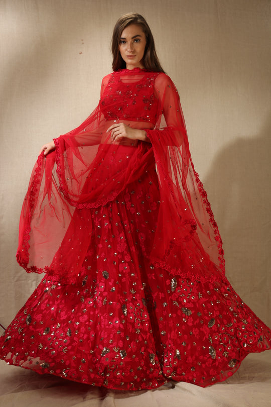Caramine Pink Thread Work Lehenga Set