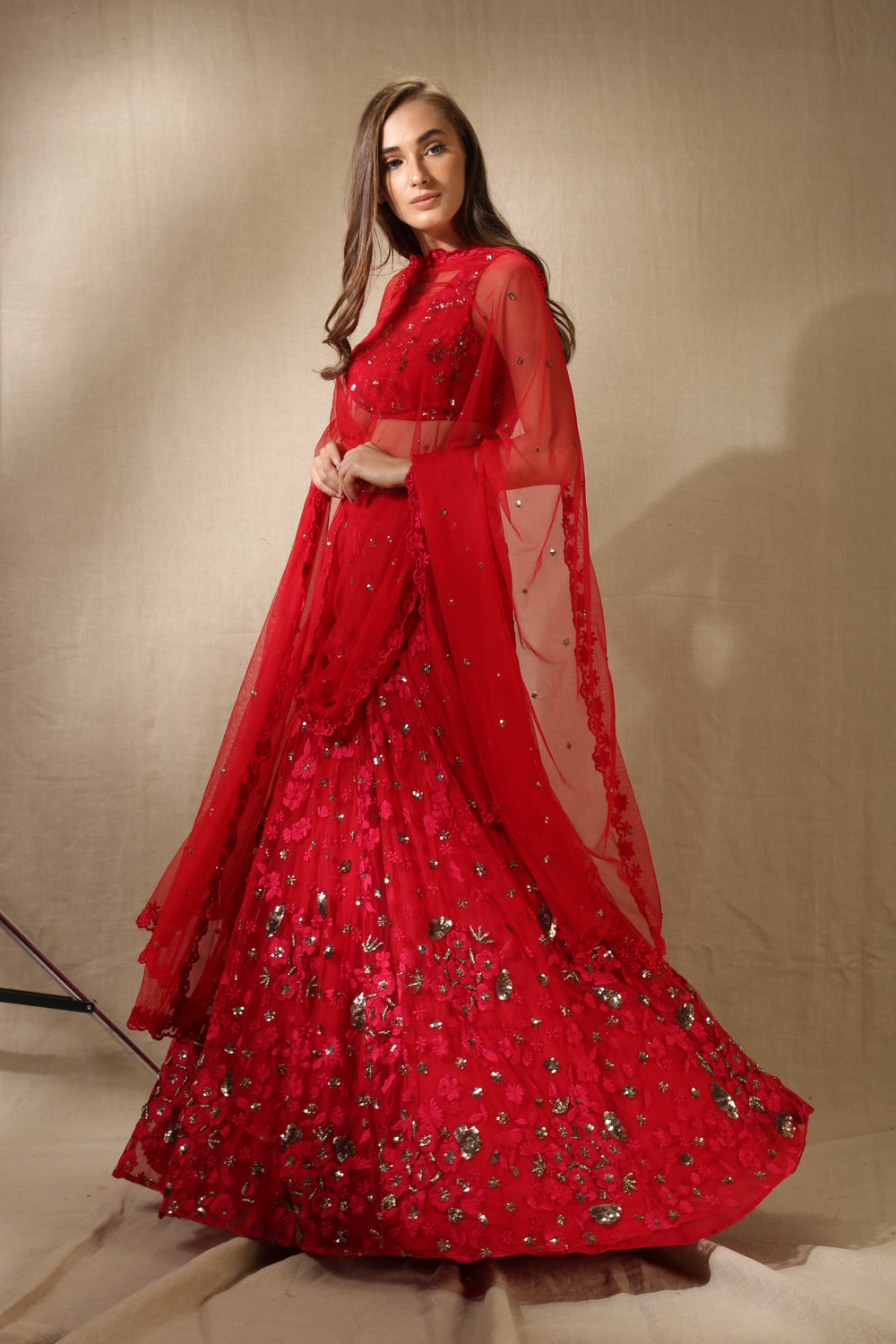 Caramine Pink Thread Work Lehenga Set