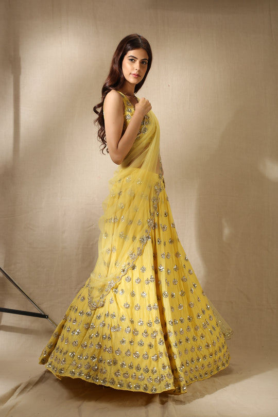 Yellow Silk Gota Patti Work Lehenga Set