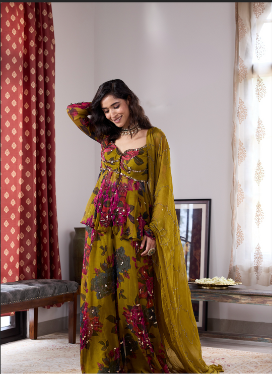 MUSTARD CHIFFON FLORAL  PEPLUM & SHARARA