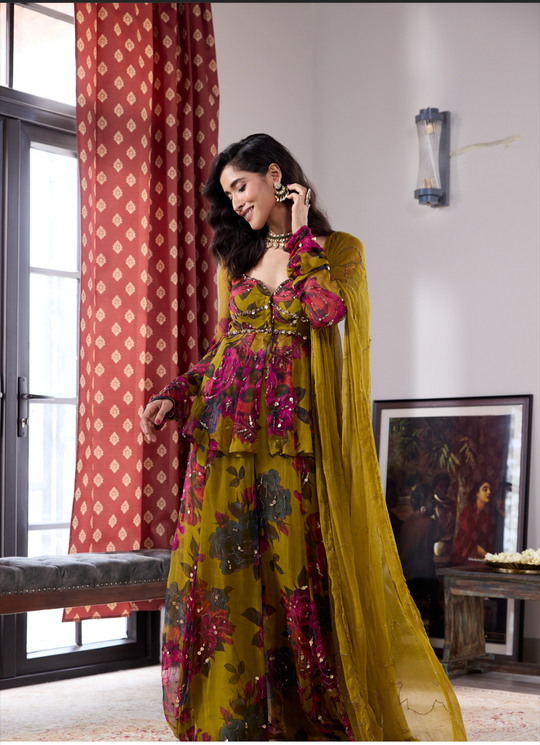 MUSTARD CHIFFON FLORAL  PEPLUM & SHARARA