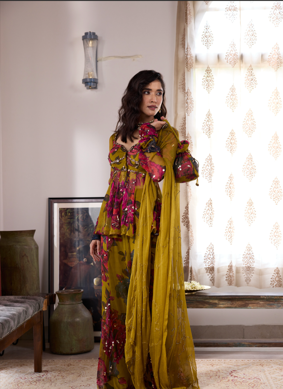 MUSTARD CHIFFON FLORAL  PEPLUM & SHARARA