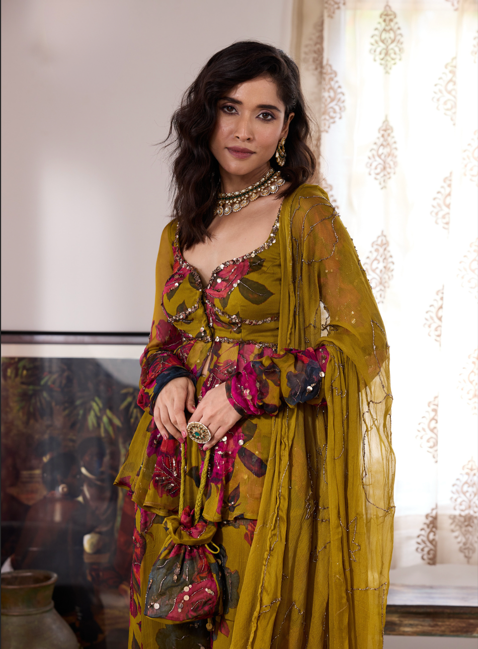 MUSTARD CHIFFON FLORAL  PEPLUM & SHARARA