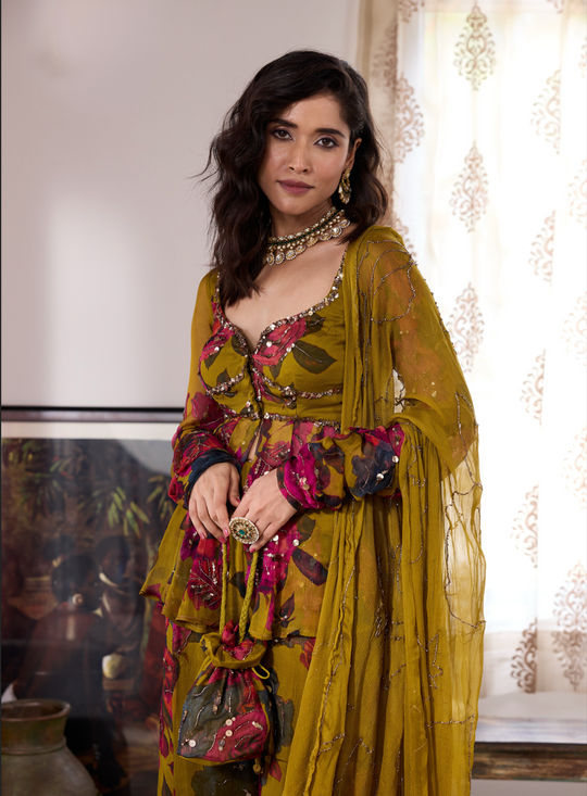 MUSTARD CHIFFON FLORAL  PEPLUM & SHARARA