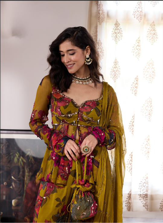 MUSTARD CHIFFON FLORAL  PEPLUM & SHARARA