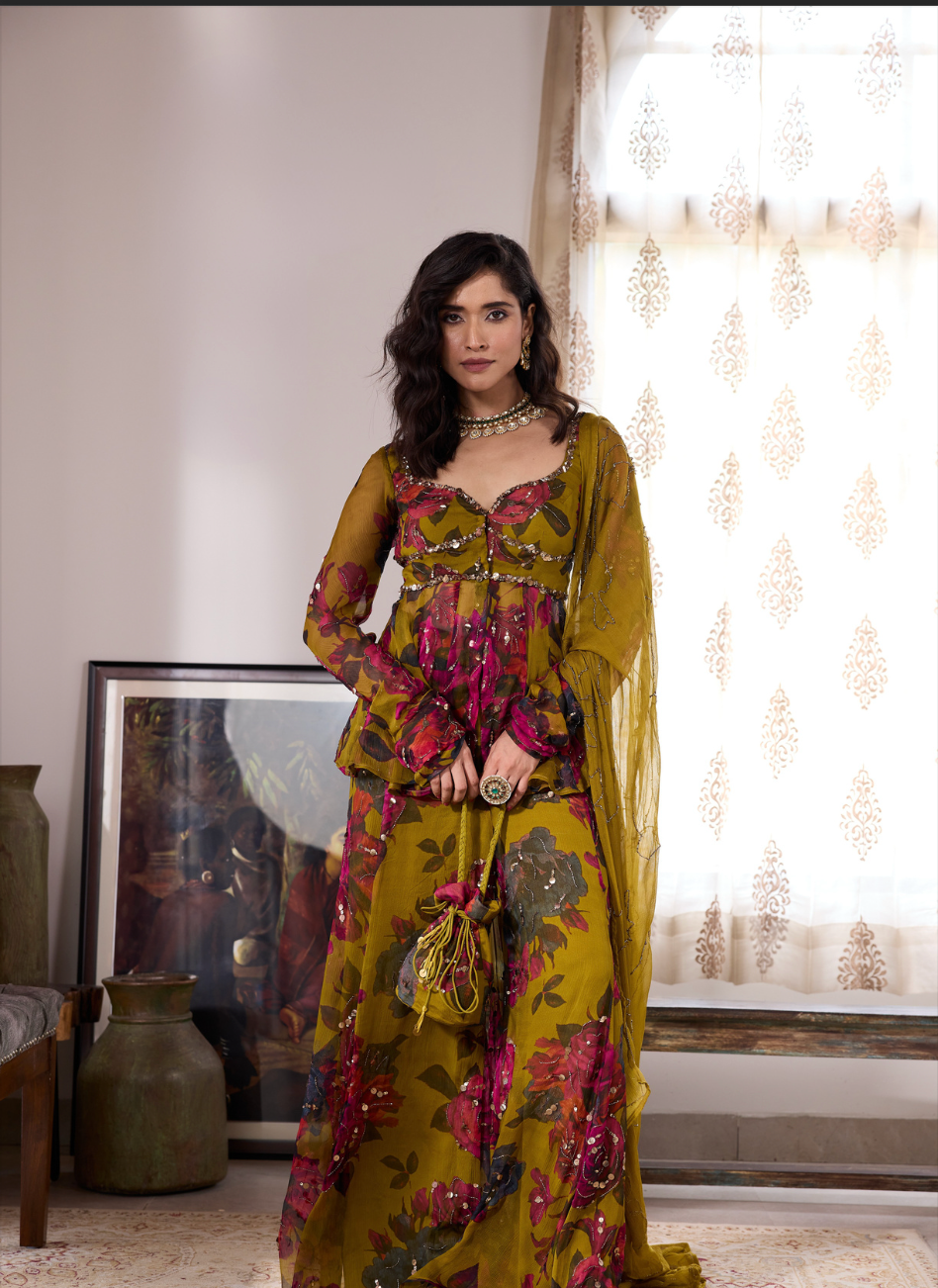 MUSTARD CHIFFON FLORAL  PEPLUM & SHARARA